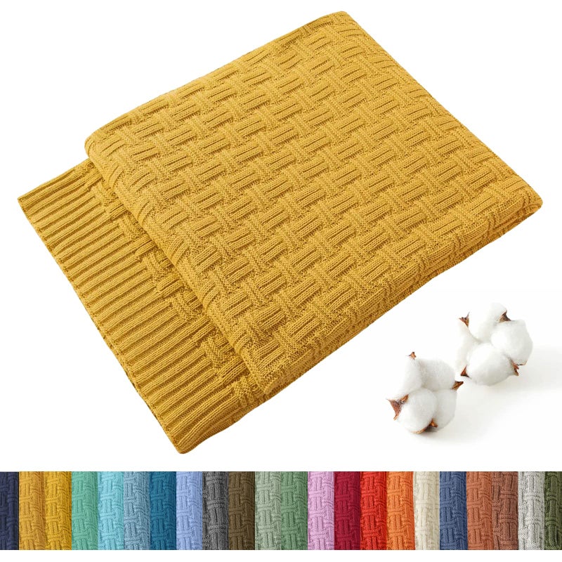 TREELY 100% Cotton Knitted Throw Blanket Couch Cover Blanket(50 x 60 Inches, Mustard Yellow) - Image 1